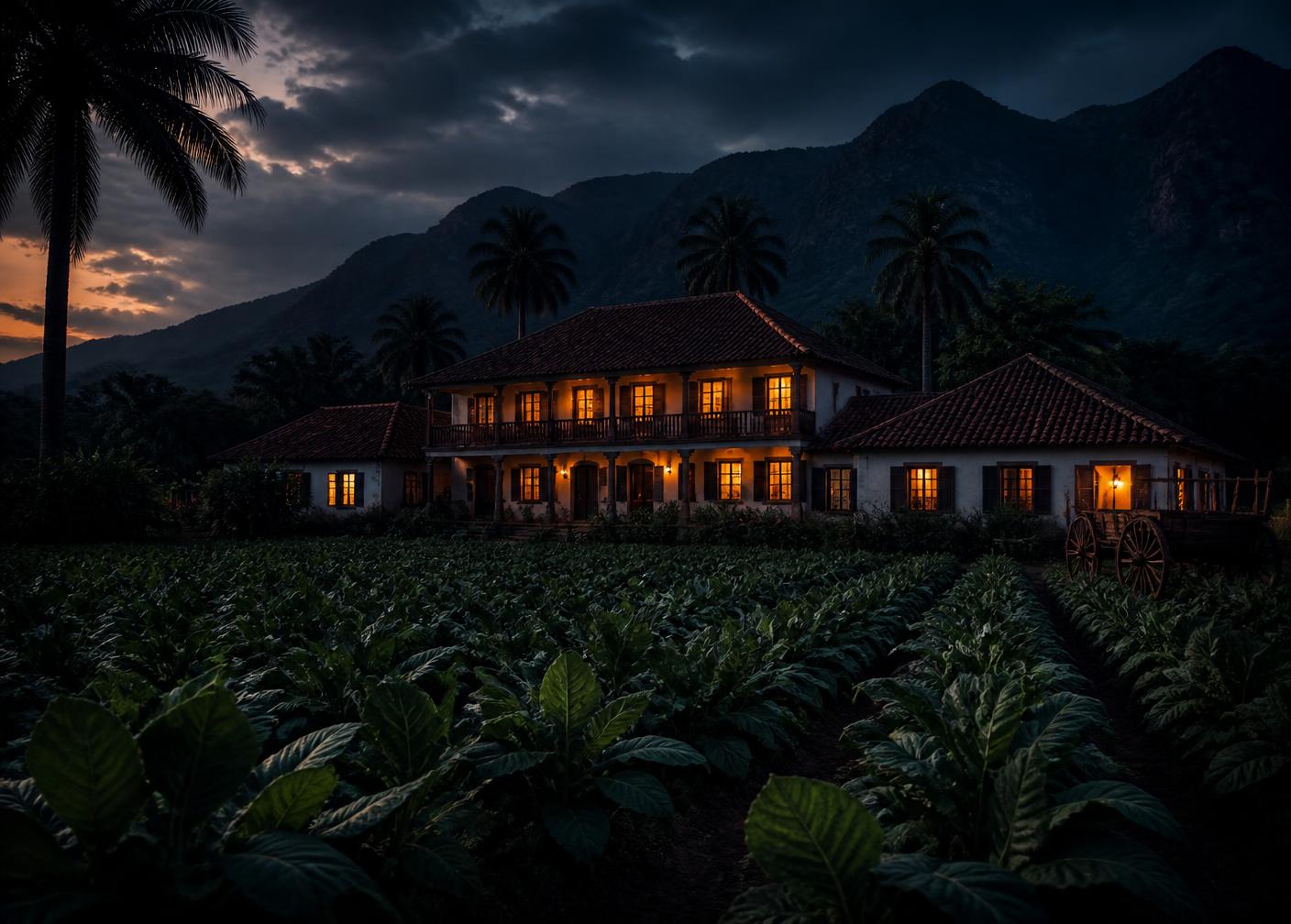 Vega y casa de curado de Roka Antigua al atardecer