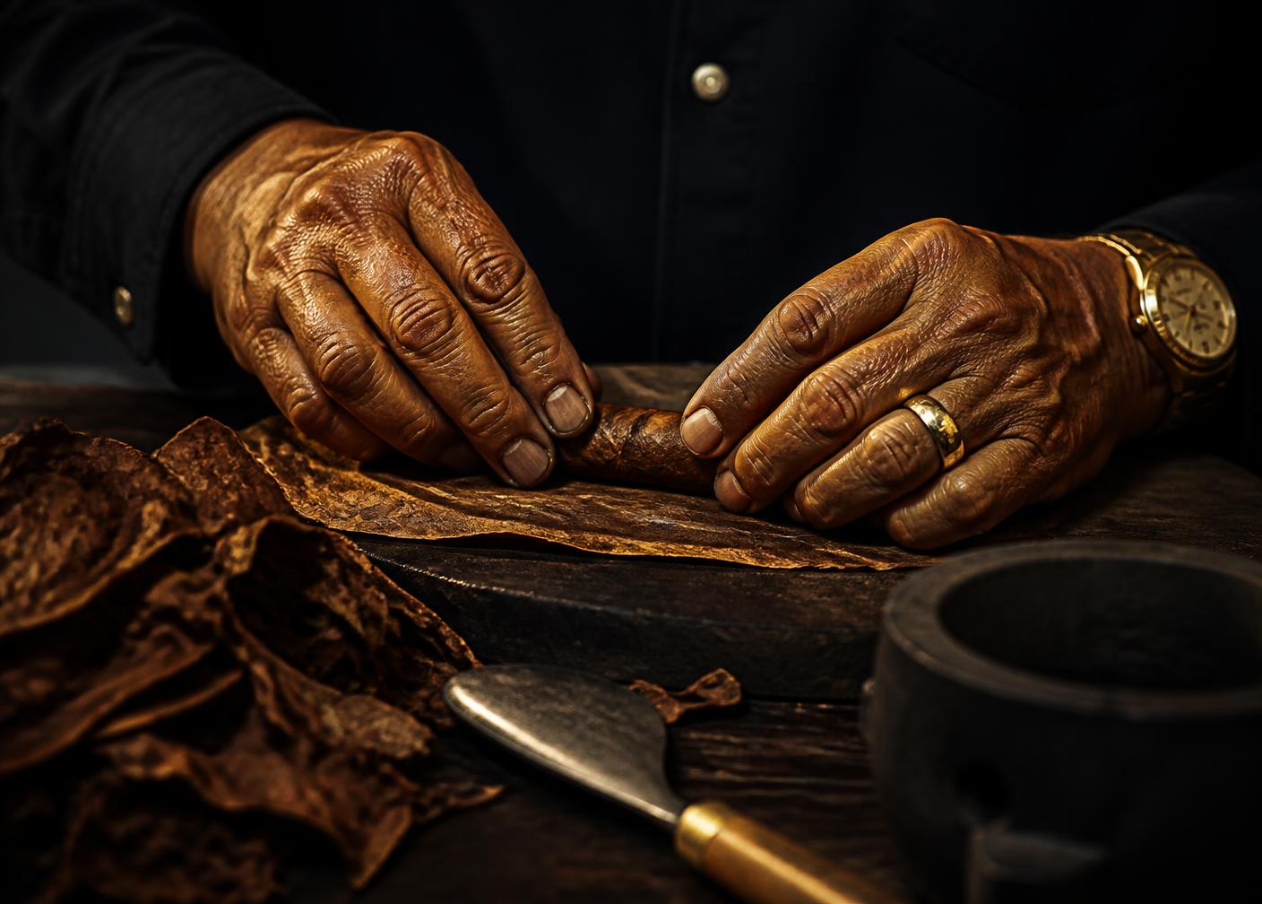 Manos de un maestro torcedor elaborando un puro Roka Antigua